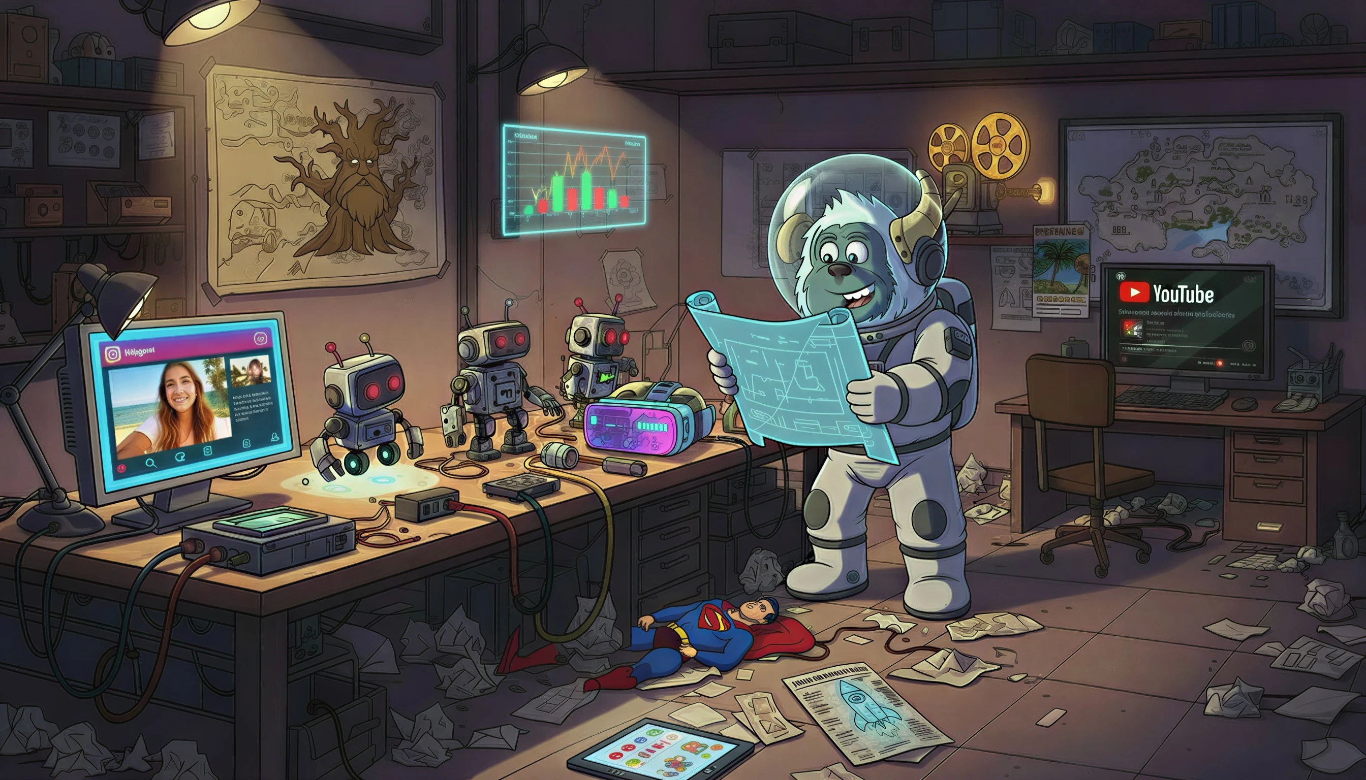 Illustrated toy box workshop with desks, gadgets, screens, and a yeti in a spacesuit